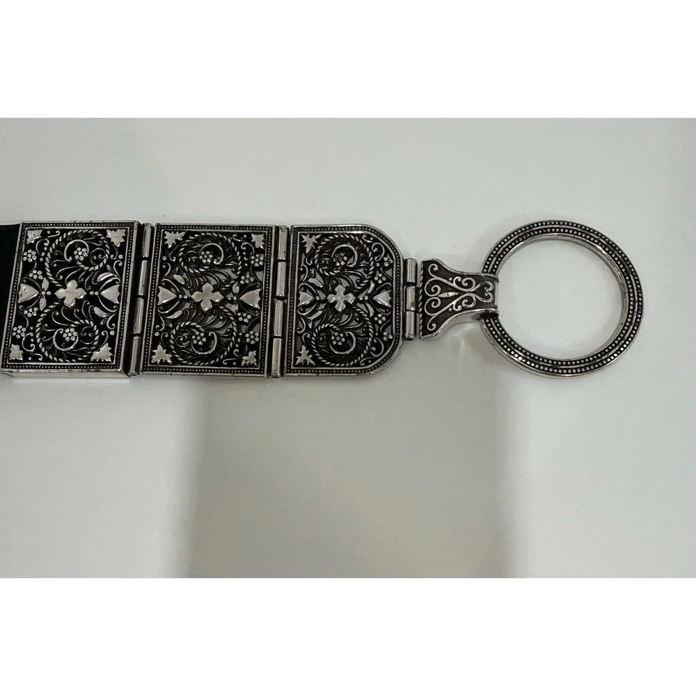BRIGHTON SILVER BLACK LEATHER TIE WAIST BELT SZ LARGE‎